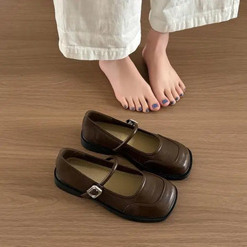 Xajzpa Womens Derby Shoes Female Footwear All-Match Shallow Mouth Leather Dress New Retro Summer Mary Janes Flat Shoes Woman Flats All-